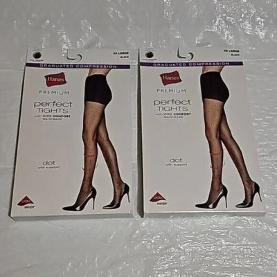 Hanes Premium Perfect Tights Wide Comfort Waistband Black w/Dots Size XX Large